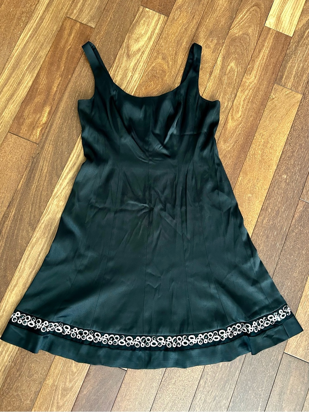 Jones & Co Black Satin Slip Dress with Embellished Hem